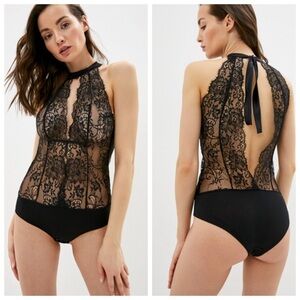 Intimissimi Charme Fatal Lace Bodysuit Lingerie Black Plunging Neckline Size XS